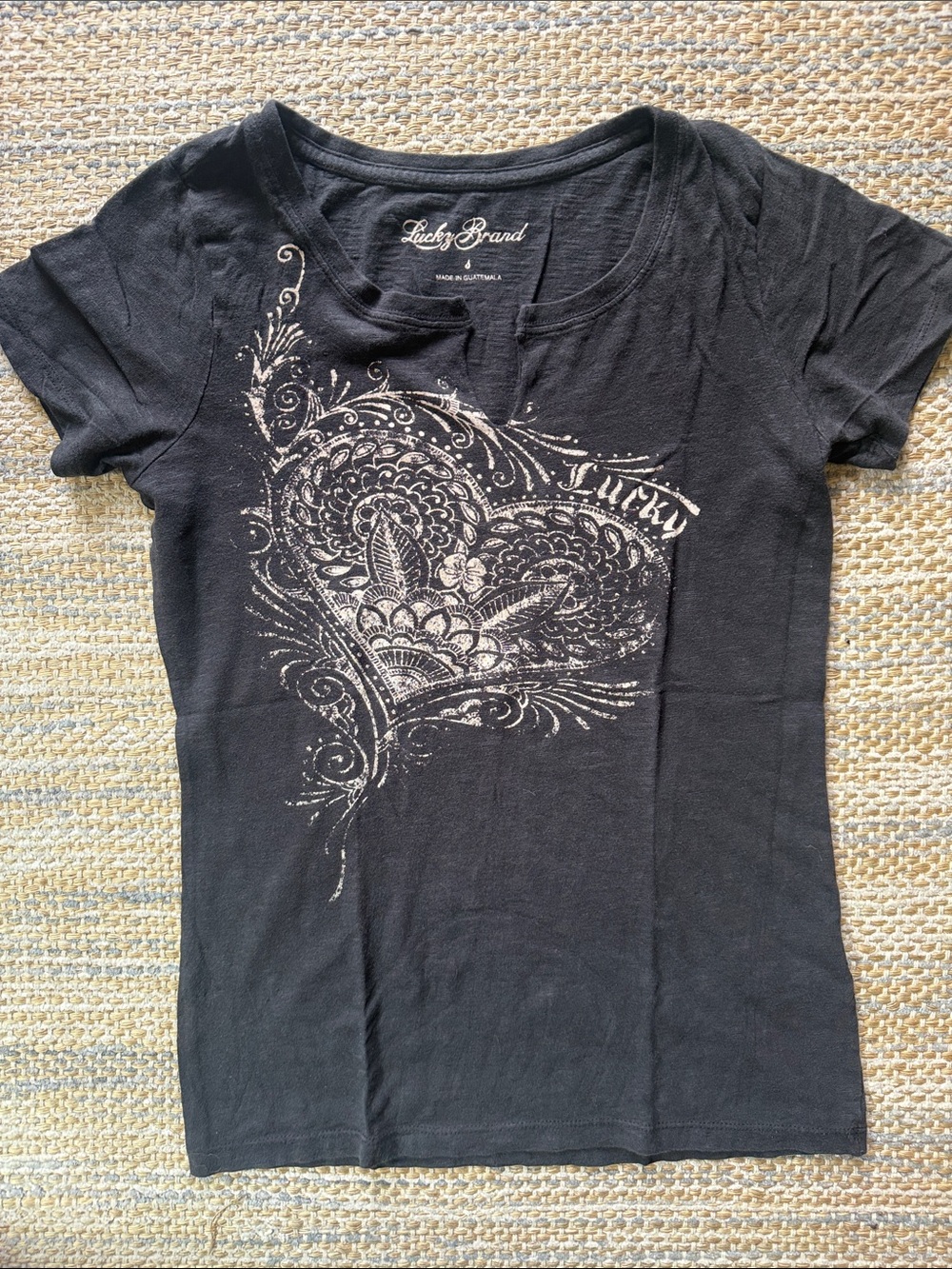 Lucky Brand Black Short-Sleeve Tee with Beige Heart Graphic